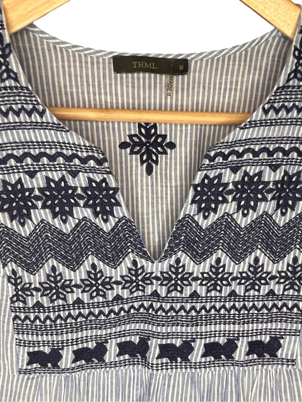 THML Embroidered Striped Boho Tunic Top Sz M Blue White Anthropologie Style - Picture 3 of 10